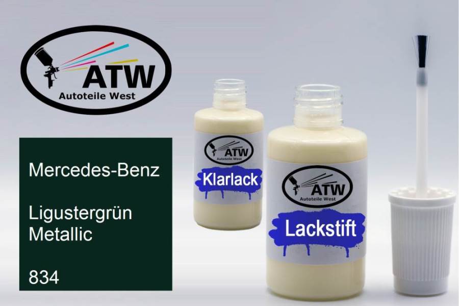 Mercedes-Benz, Ligustergrün Metallic, 834: 20ml Lackstift + 20ml Klarlack - Set, von ATW Autoteile West.